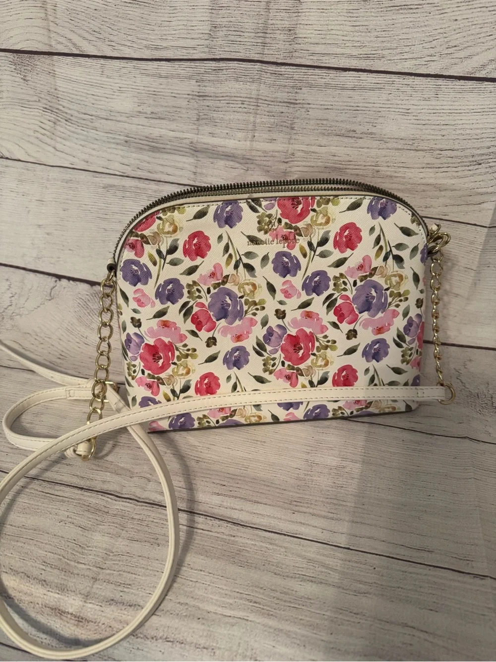 Nanette Lepore White Floral Crossbody with Pink & Purple Flowers